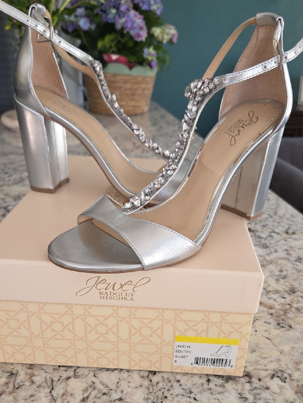 Jewel Badgley Mischka Silver Crystal T-Strap Block Heel Sandals